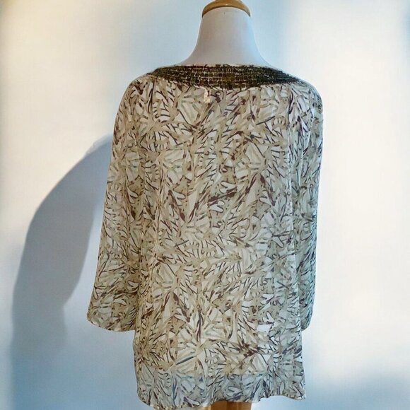 Chicos Womens Round Beaded Neck Quarter Sleeve Tan Geometric Sheer Blouse Medium - Picture 6 of 10